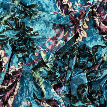Turquoise blue paisley printed velvet fabric