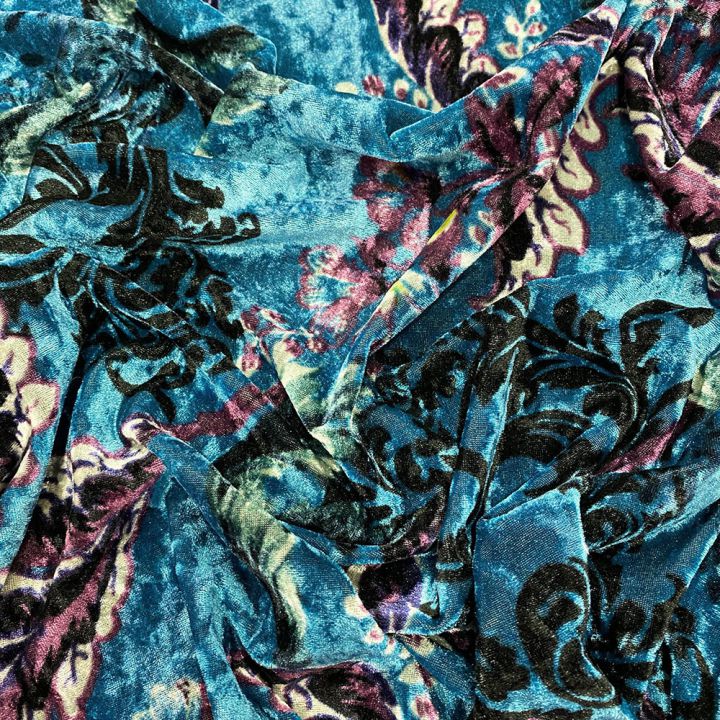 Turquoise blue paisley printed velvet fabric