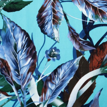 Tissu satin de coton stretch imprimé botanique bleu ciel