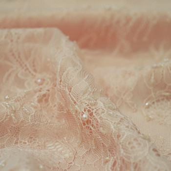 Pink beaded embroidered tulle fabric