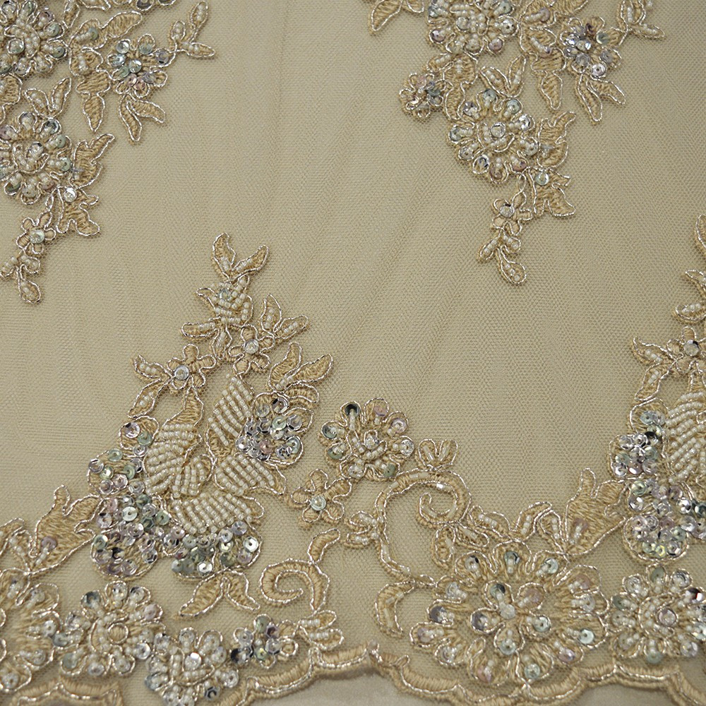 Mother-of-pearl beaded embroidered tulle fabric