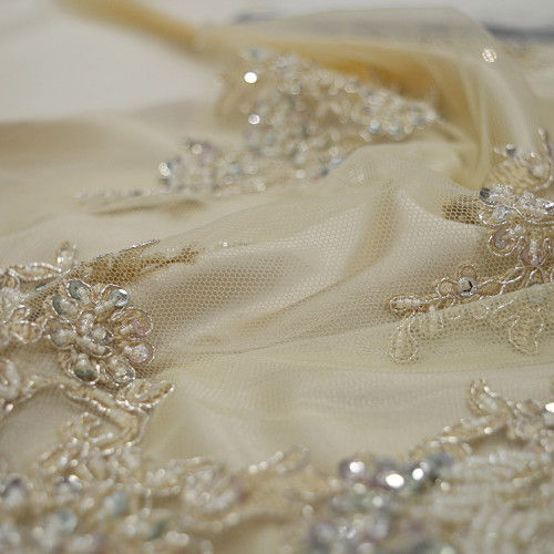 Mother-of-pearl beaded and embroidered tulle fabric