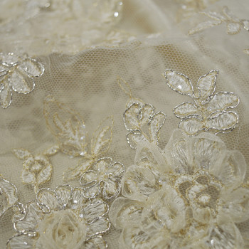 Champagne beaded embroidered tulle fabric