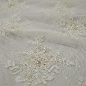 Ivory beaded embroidered tulle fabric