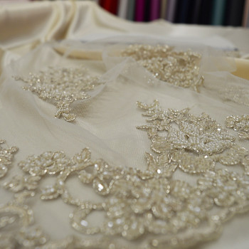 Champagne beaded and embroidered tulle fabric