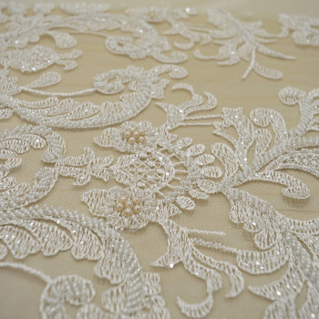 Skin beige beaded and embroidered tulle fabric