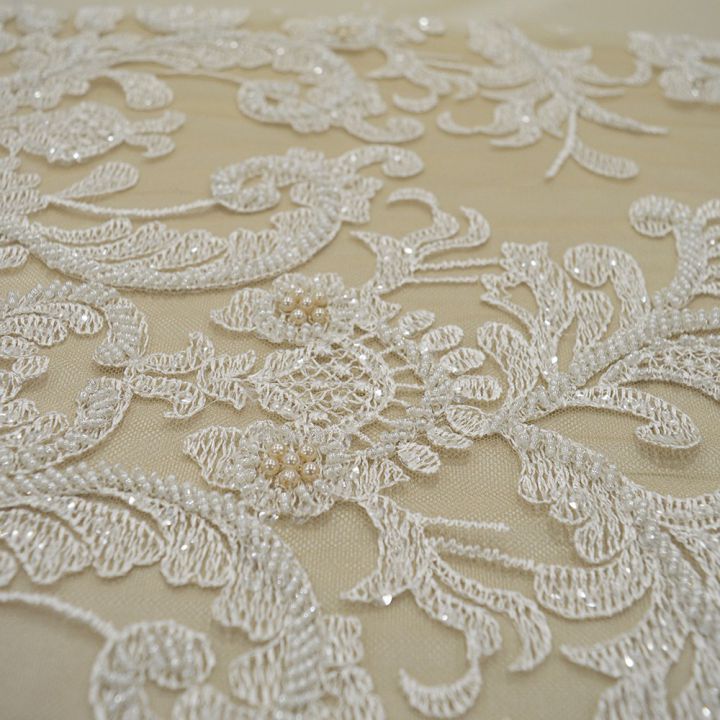 Skin beige beaded and embroidered tulle fabric