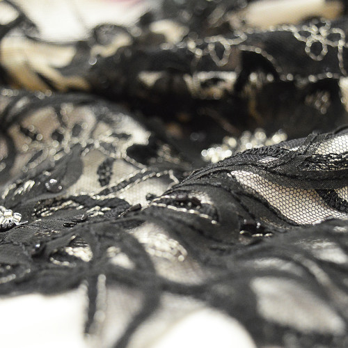 Black branches beaded embroidered tulle fabric