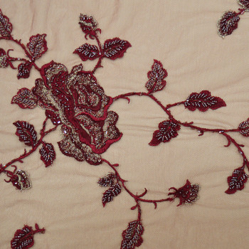 Burgundy beaded embroidered tulle fabric (2.5 meters)
