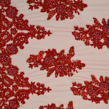 Red beaded embroidered tulle fabric