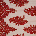 Red beaded and embroidered tulle fabric