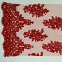 Red beaded and embroidered tulle fabric