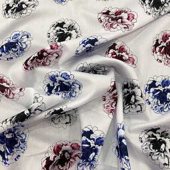 Red/blue/black floral print cotton poplin on white background