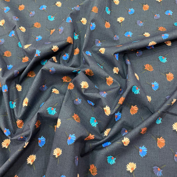 Orange and blue floral print cotton poplin on blue background