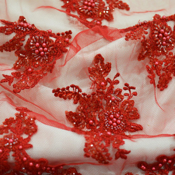 Red beaded and embroidered tulle fabric