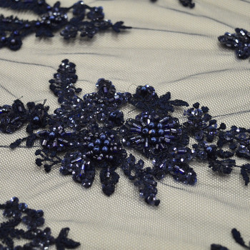 Navy blue beaded and embroidered tulle fabric