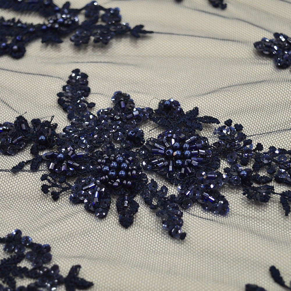 Navy blue beaded embroidered tulle fabric — Tissus en Ligne