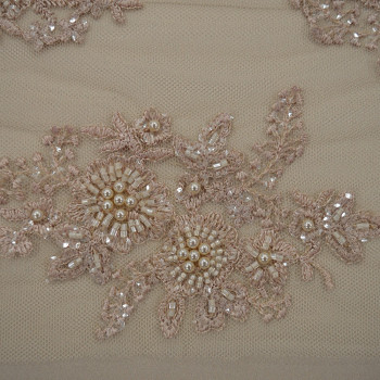 Old rose beaded embroidered tulle fabric