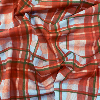 Cotton poplin fabric with coral red and green checks