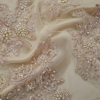 Old pink beaded and embroidered tulle fabric
