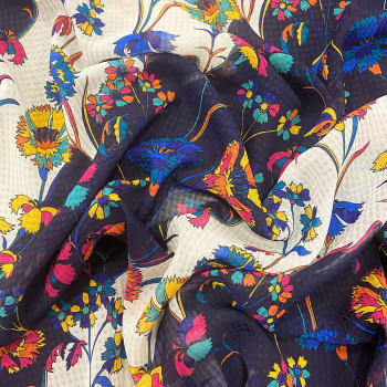 100% polyester piqué fabric with tricolor floral print