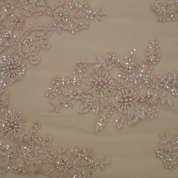 Pink beaded embroidered tulle fabric