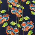 Polyester satin fabric with floral print on a midnight blue background