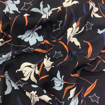 Crepe de Chine fabric with gentian floral print on black background