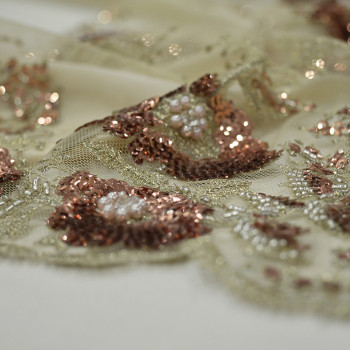 Gold copper beaded embroidered tulle fabric