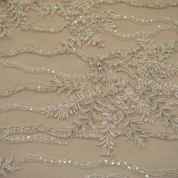 Pink beaded embroidered tulle fabric