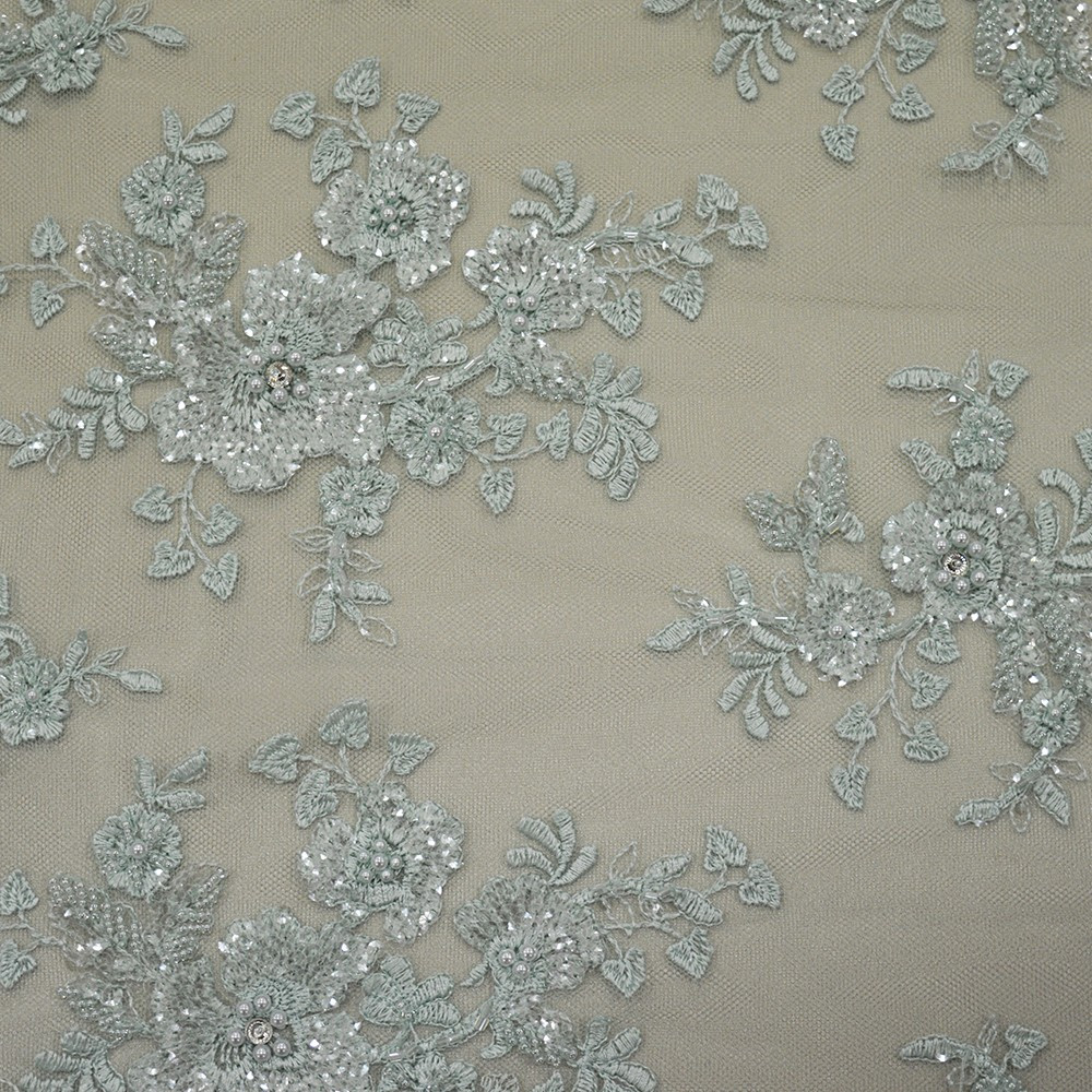 Sky blue beaded embroidered tulle fabric