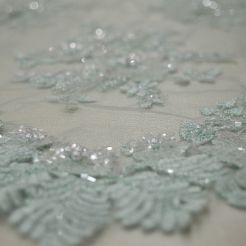 Sky blue beaded and embroidered tulle fabric