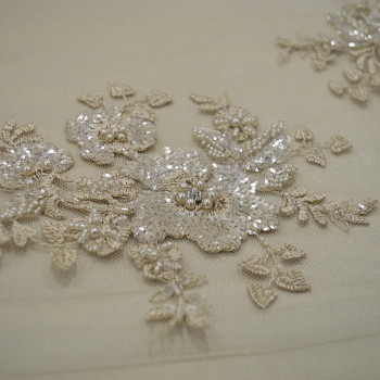 Champagne beaded and embroidered tulle fabric