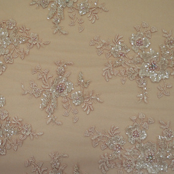 Pink beaded embroidered tulle fabric