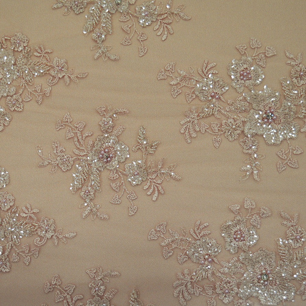 Pink beaded embroidered tulle fabric — Tissus en Ligne