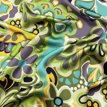 100% silk satin fabric with green and yellow floral print