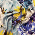 100% silk satin fabric with blue and purple floral print