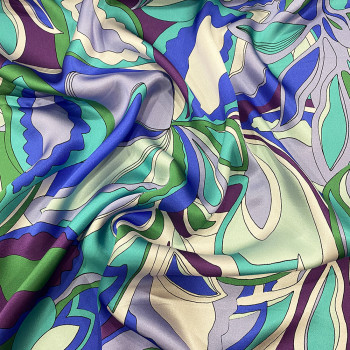 100% silk satin fabric with green and purple floral print