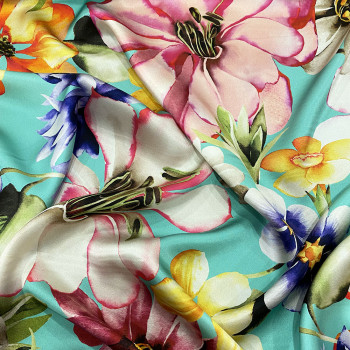 100% silk satin fabric with floral print on turquoise background