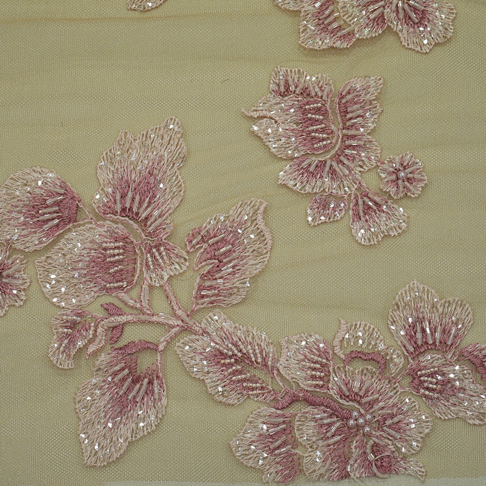 Pink beaded embroidered tulle fabric