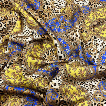 100% silk satin fabric with yellow/royal blue paisley print on leopard background