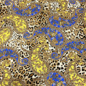 100% silk satin fabric with yellow/royal blue paisley print on leopard background
