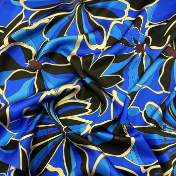 100% silk satin fabric printed with large blue flowers