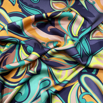 100% silk satin fabric printed with turquoise/orange abstract flowers on purple background