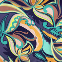100% silk satin fabric printed with turquoise/orange abstract flowers on purple background