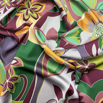 100% silk satin fabric with orange, green and purple floral print