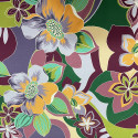 100% silk satin fabric with orange, green and purple floral print
