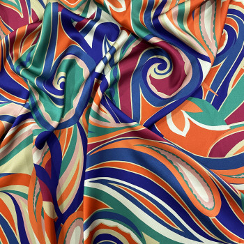 100% silk satin fabric with turquoise orange abstract paisley print