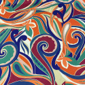 100% silk satin fabric with turquoise orange abstract paisley print