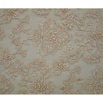 Peach beaded embroidered tulle fabric